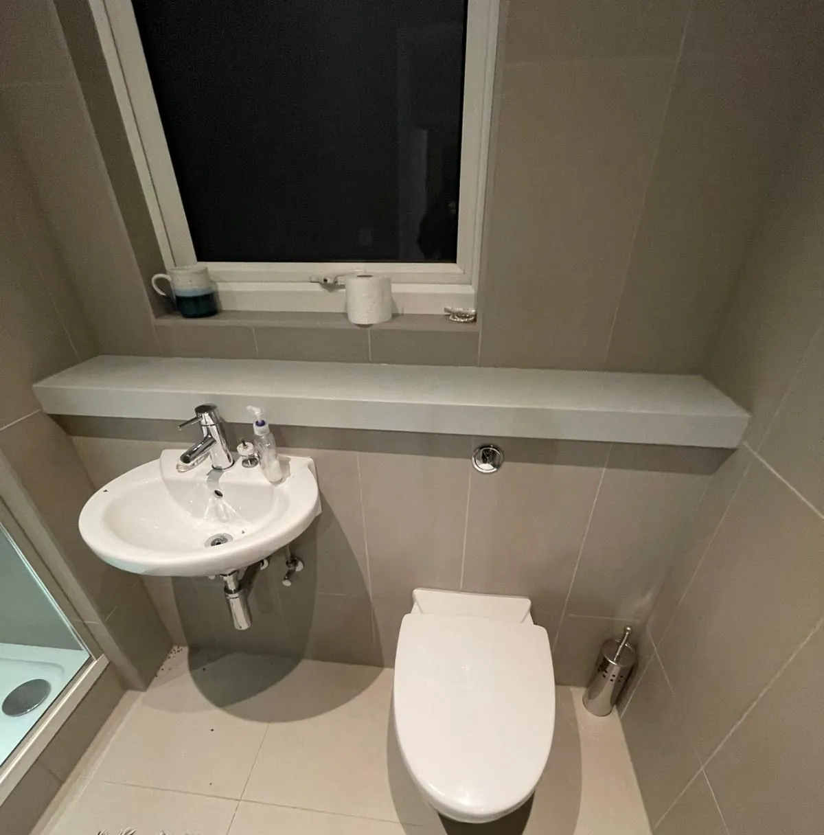 A small basin and wall-hung toilet in a tidy modern shower room
